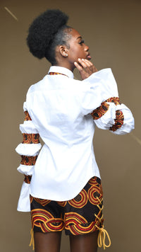 Thumbnail for INFINITY White shirt with Coco Brown Ankara Trim Puff Sleeves.