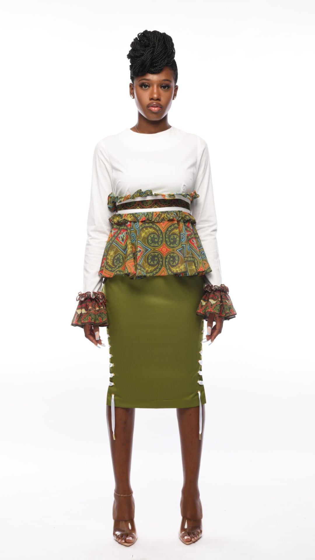SERENITY Camille Olive Side Laced Eyelet Midi Pencil Skirt