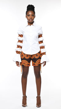 Thumbnail for INFINITY White shirt with Coco Brown Ankara Trim Puff Sleeves.