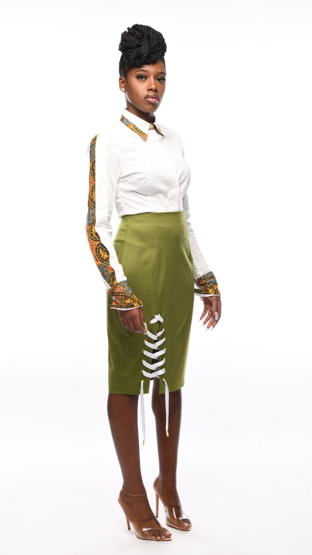 SERENITY Camille Olive Front Laced Pencil Skirt