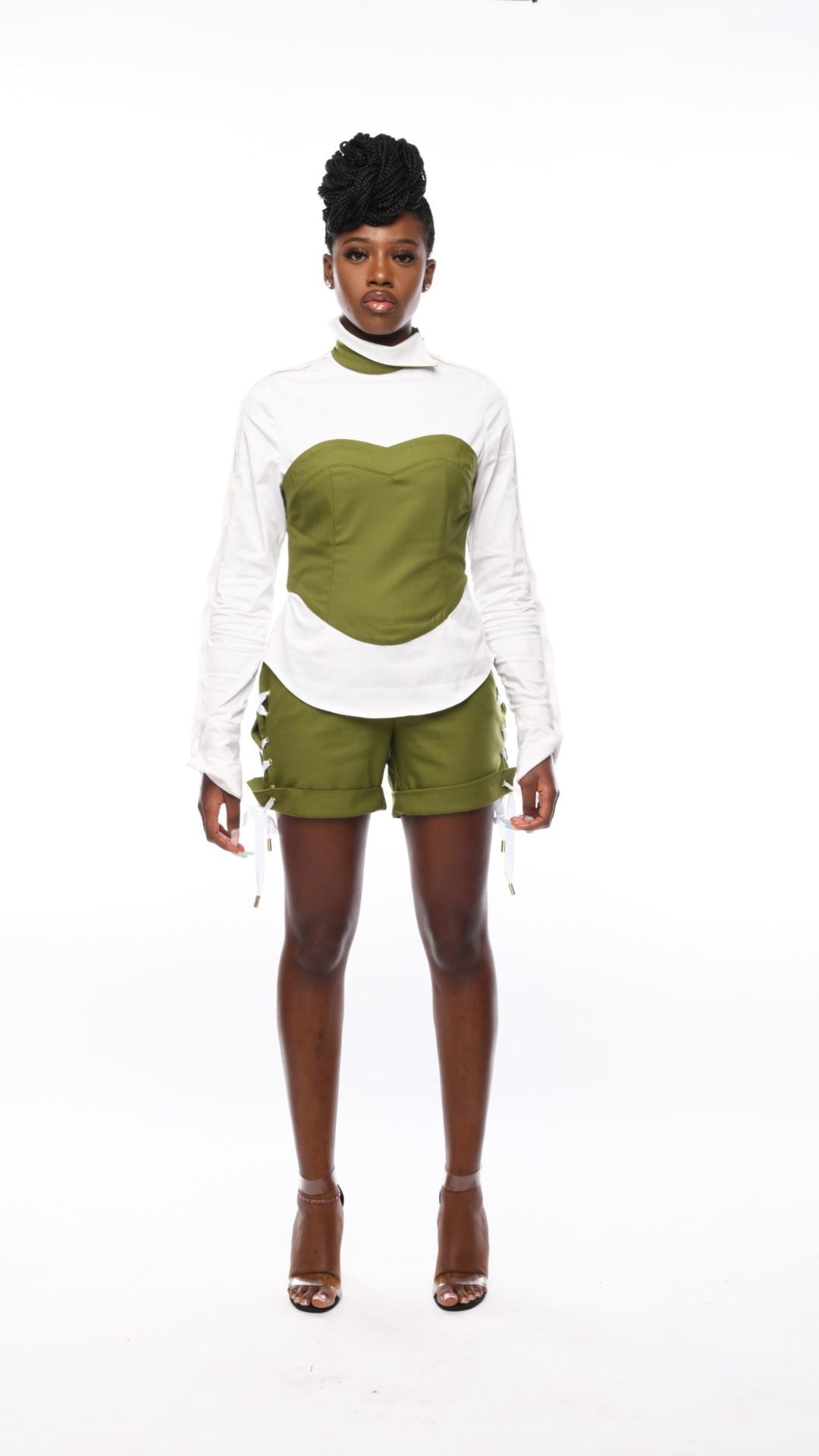 SERENITY Camille White Twisted Collar Shirt With Olive Corset
