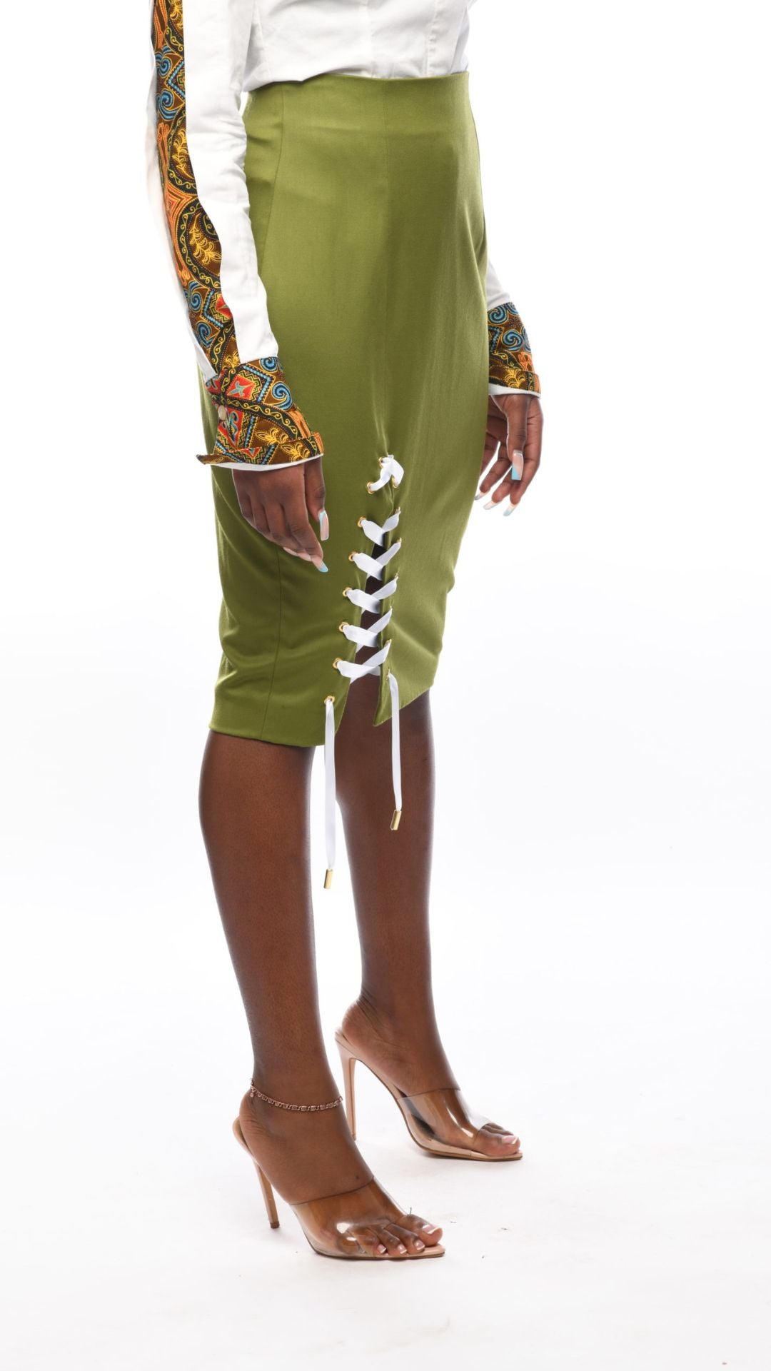 SERENITY Camille Olive Front Laced Pencil Skirt