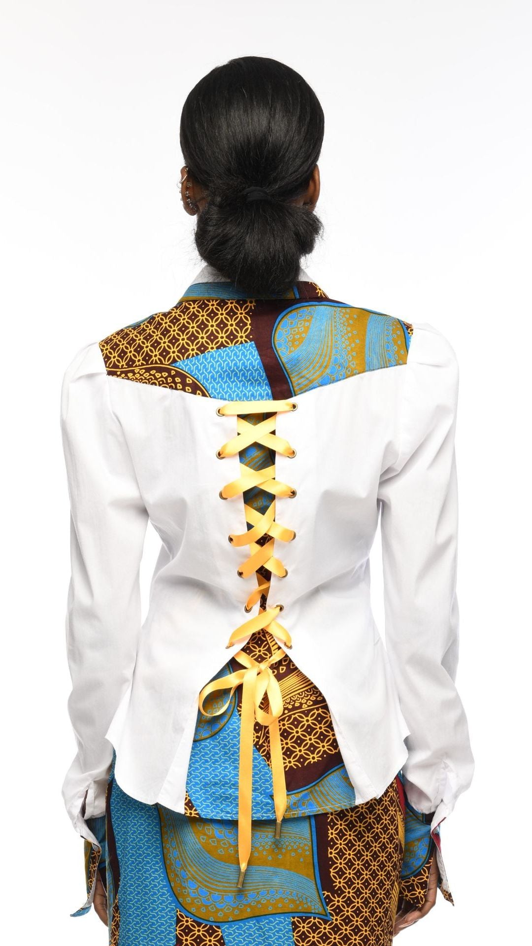 INFINITY Celestial White Swing Back Shirt With Blue Ankara Inset & Eyelet Detail