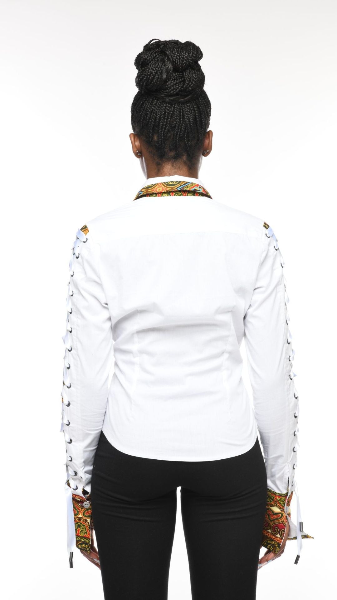CELESTIAL Haniah White Peekaboo Shirt with Ankara Inset & Eyelet Lacing