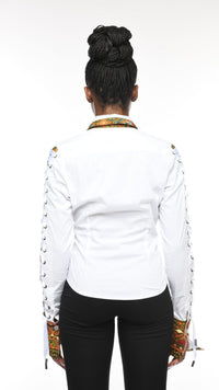 Thumbnail for CELESTIAL Haniah White Peekaboo Shirt with Ankara Inset & Eyelet Lacing