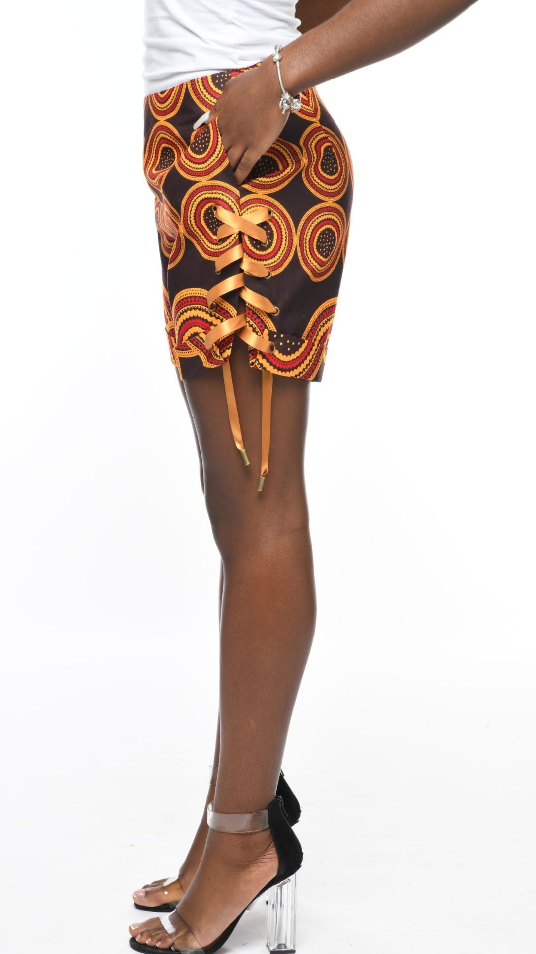 INFINITY Coco Brown Ankara Print Side Laced Shorts