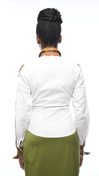 Thumbnail for SERENITY Camille White peekaboo shirt with Ankara inset