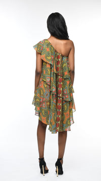 Thumbnail for SERENITY Camille One Shoulder Tiered Paisley Chiffon Hi-Low Dress