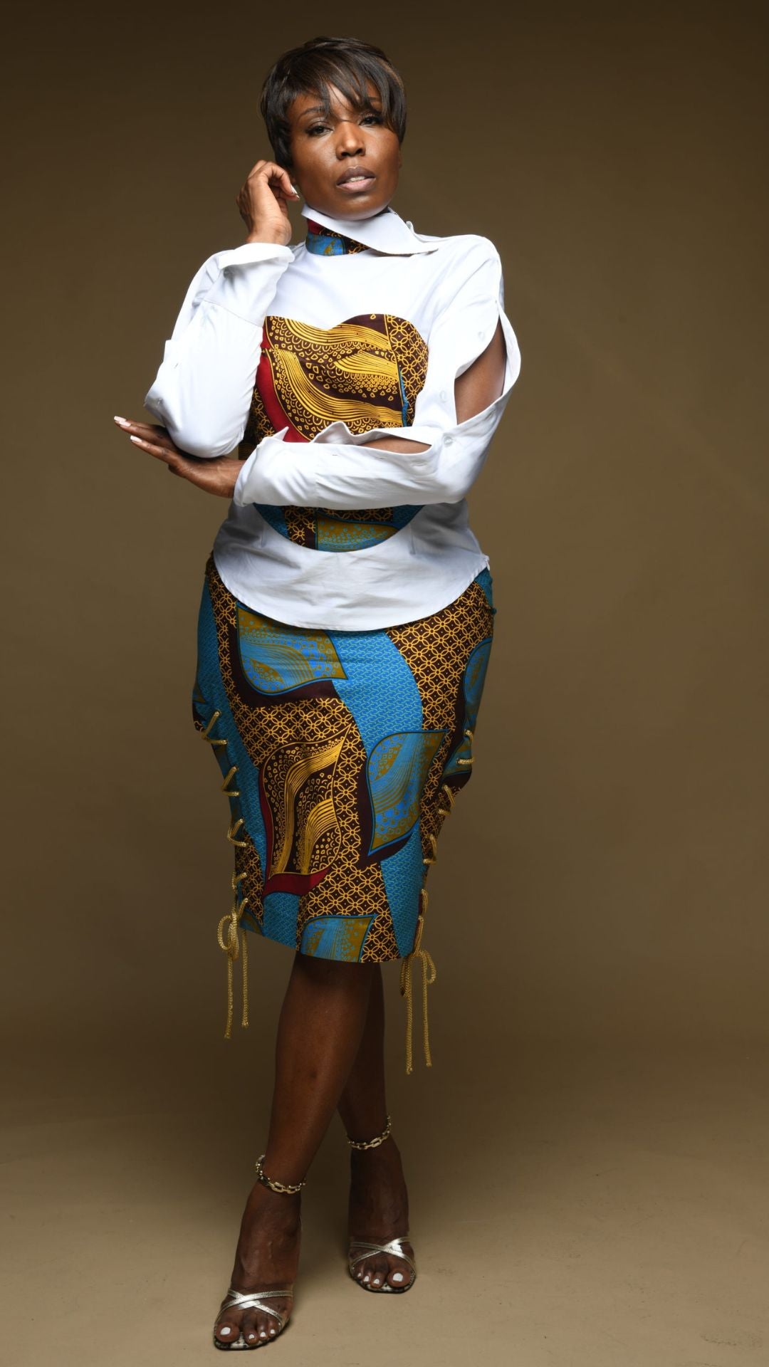 INFINITY Celestial White Twisted Collar Shirt With Ankara Corset