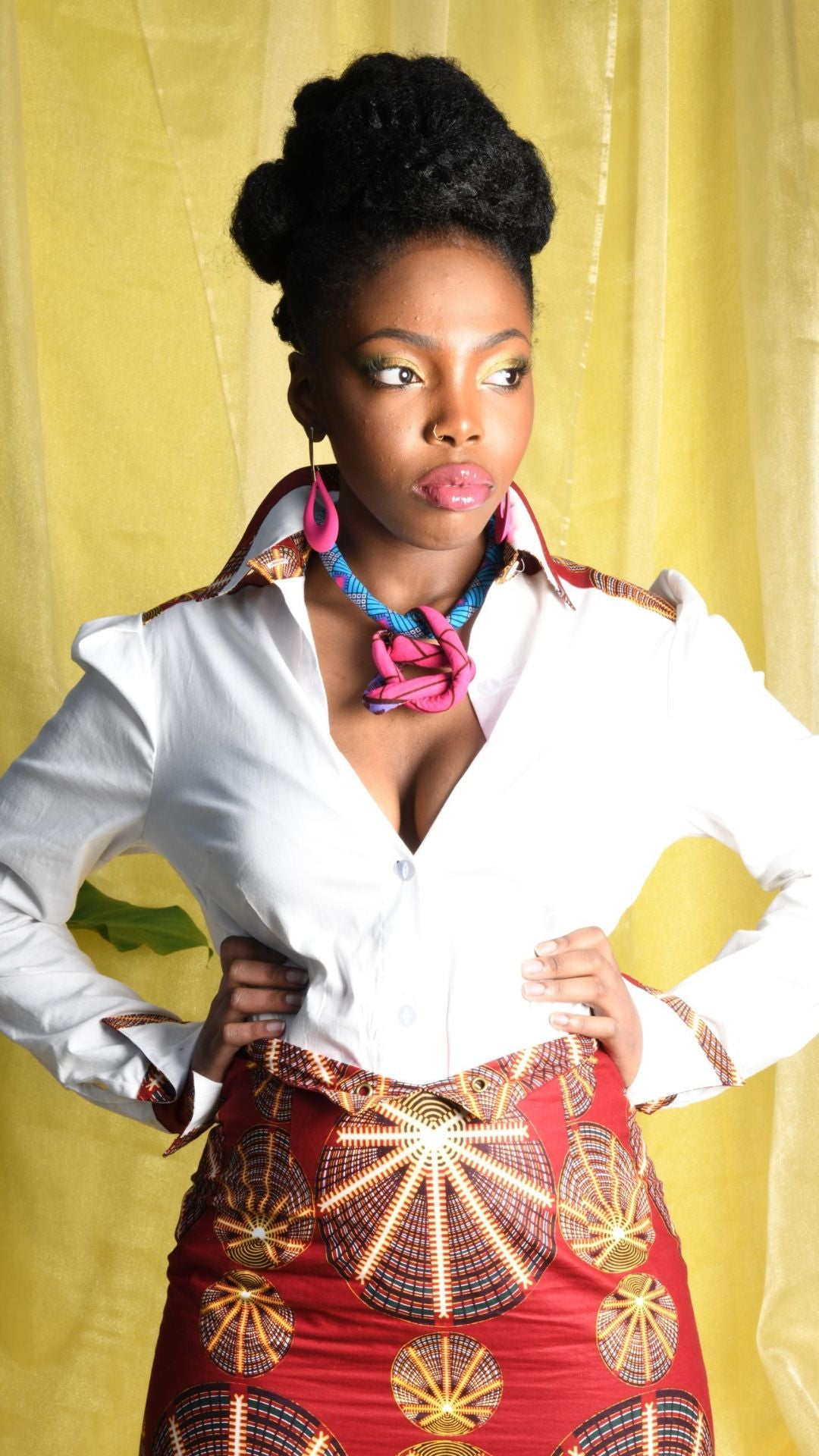 INFINITY Yihana Cream Stretch Polly Cotton Swing Back Shirt With Celestial Wine Ankara Print Inset & Eyelet Laced Back.