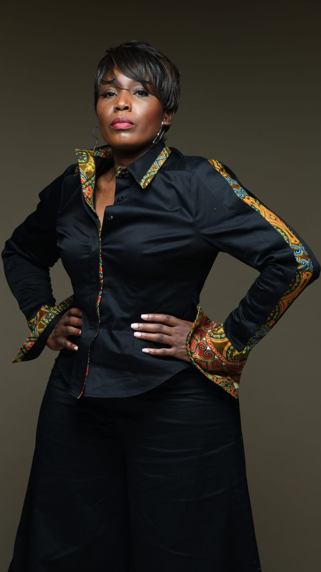 CELESTIAL Haniah Black Peekaboo Shirt with Ankara Inset