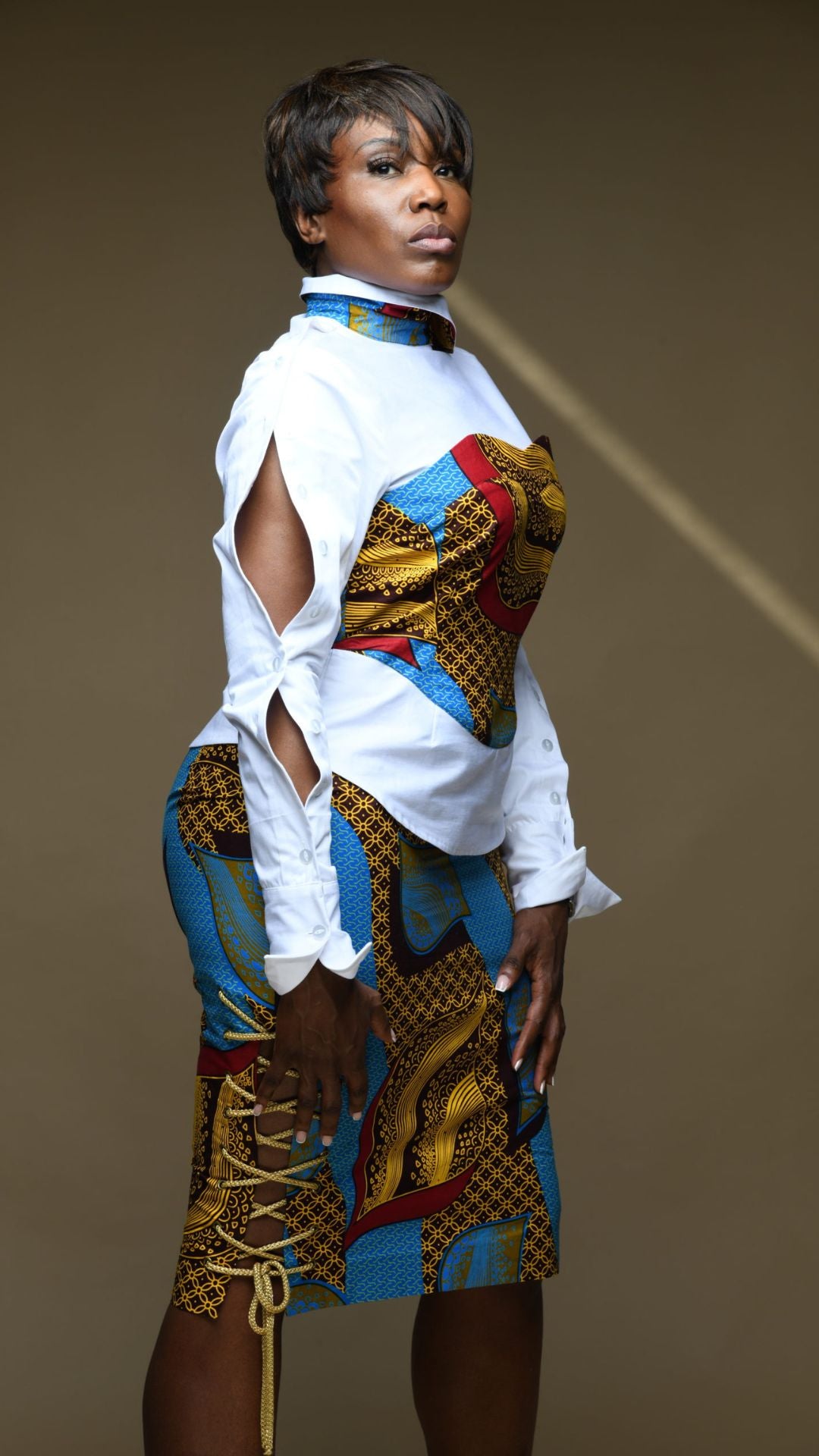 INFINITY Celestial White Twisted Collar Shirt With Ankara Corset