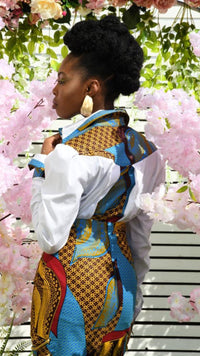 Thumbnail for INFINITY Celestial White Swing Back Shirt With Blue Ankara Inset & Eyelet Detail