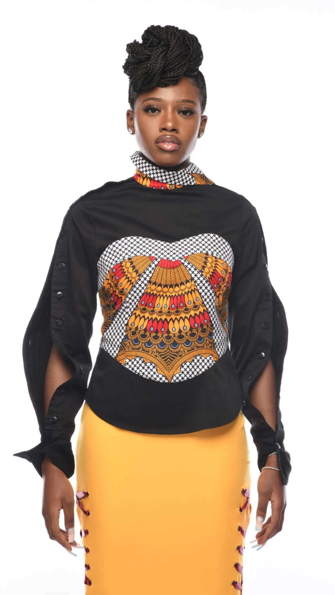 SUNRAY Alora Black & Ankara Twisted Collar Corset Shirt