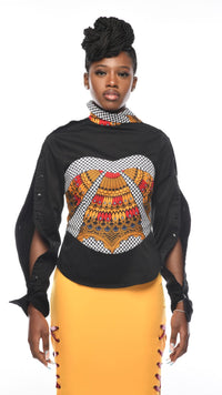 Thumbnail for SUNRAY Alora Black & Ankara Twisted Collar Corset Shirt