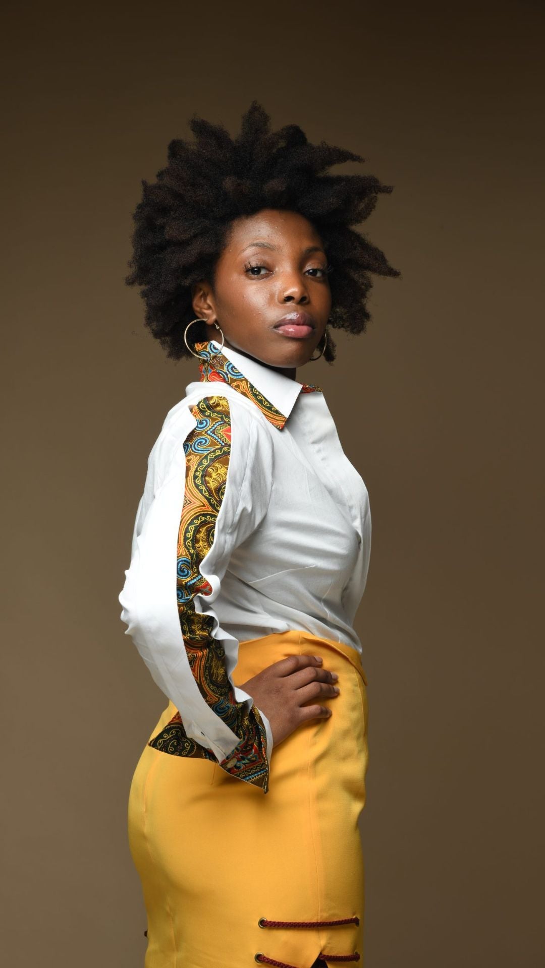 SERENITY Camille White peekaboo shirt with Ankara inset