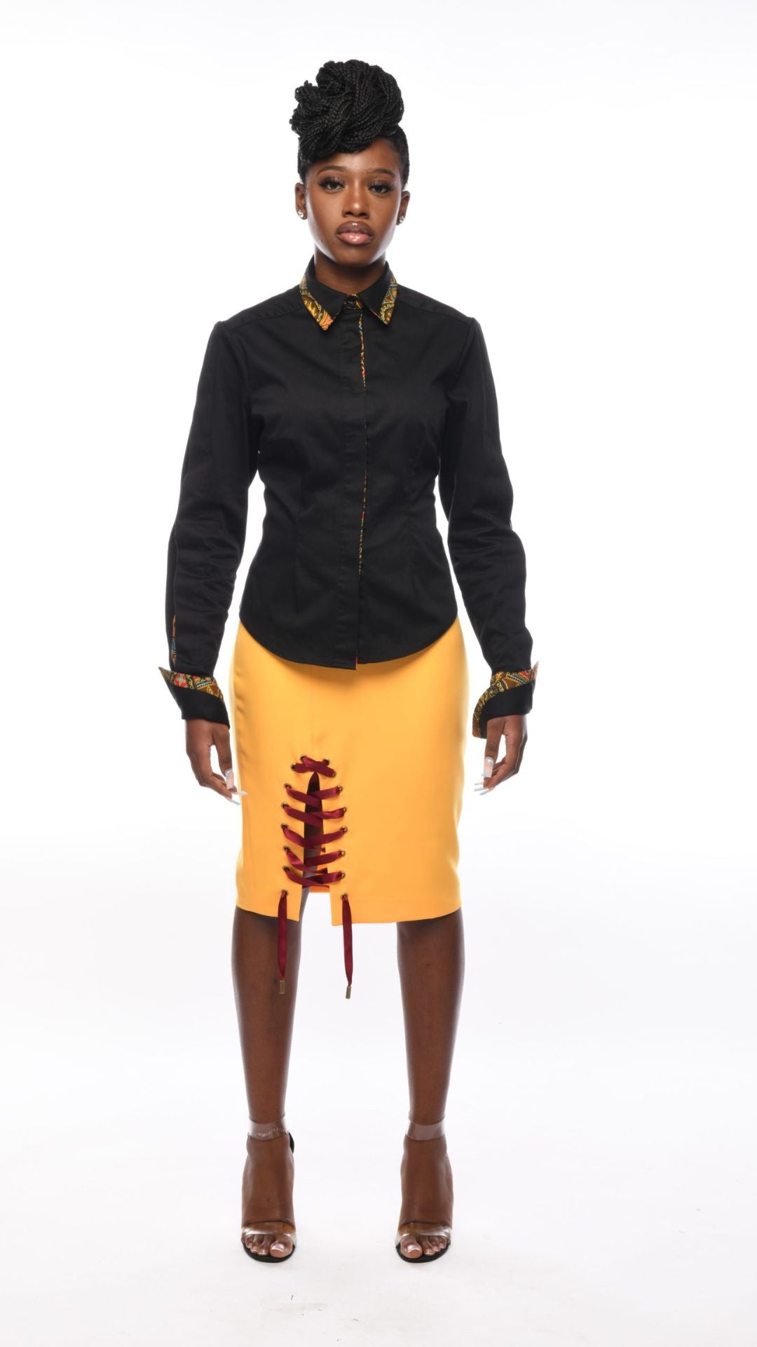 CELESTIAL Haniah Yellow Front Laced Pencil Skirt.