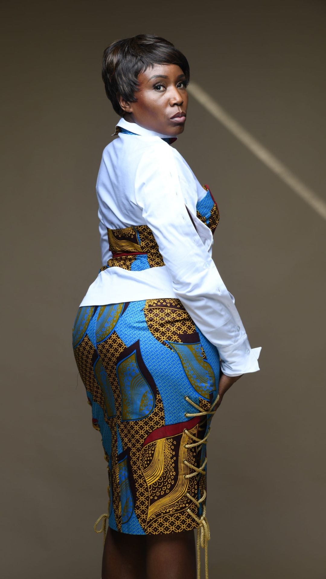 INFINITY Celestial White Twisted Collar Shirt With Ankara Corset