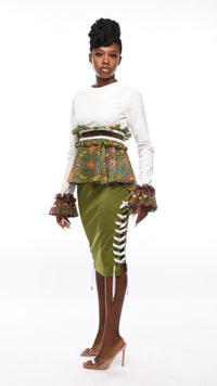 Thumbnail for SERENITY Camille Olive Side Laced Eyelet Midi Pencil Skirt