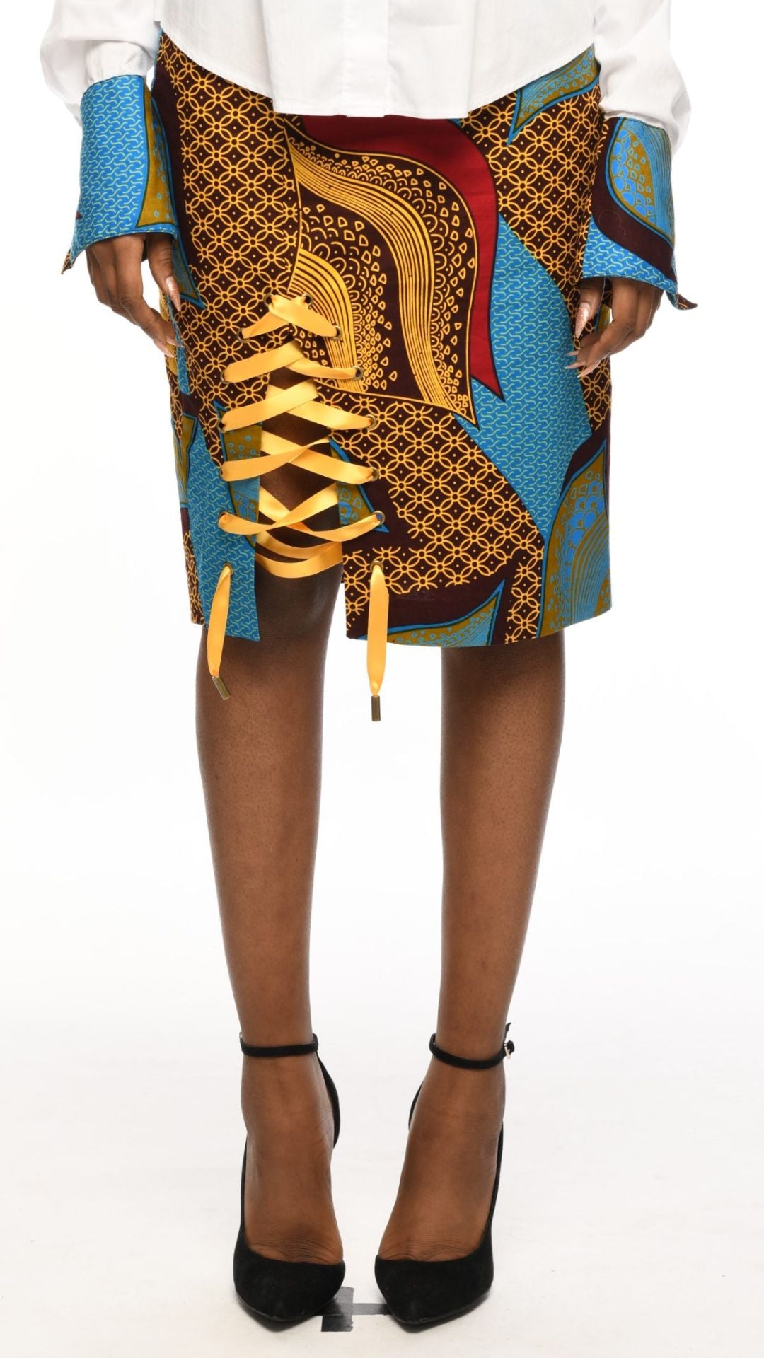 INFINITY Celestial Blue Ankara Front Laced Pencil Skirt