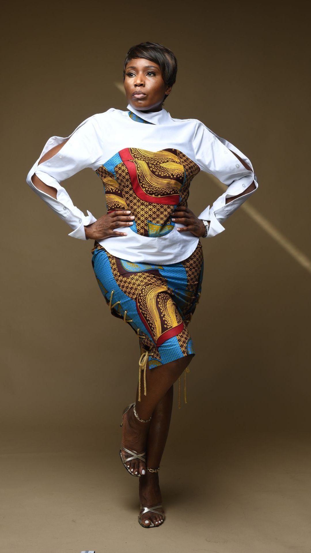 INFINITY Celestial White Twisted Collar Shirt With Ankara Corset