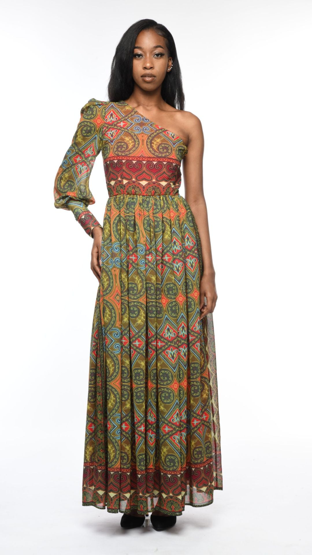 SERENITY Camille One Shoulder Paisley Chiffon Maxi Dress