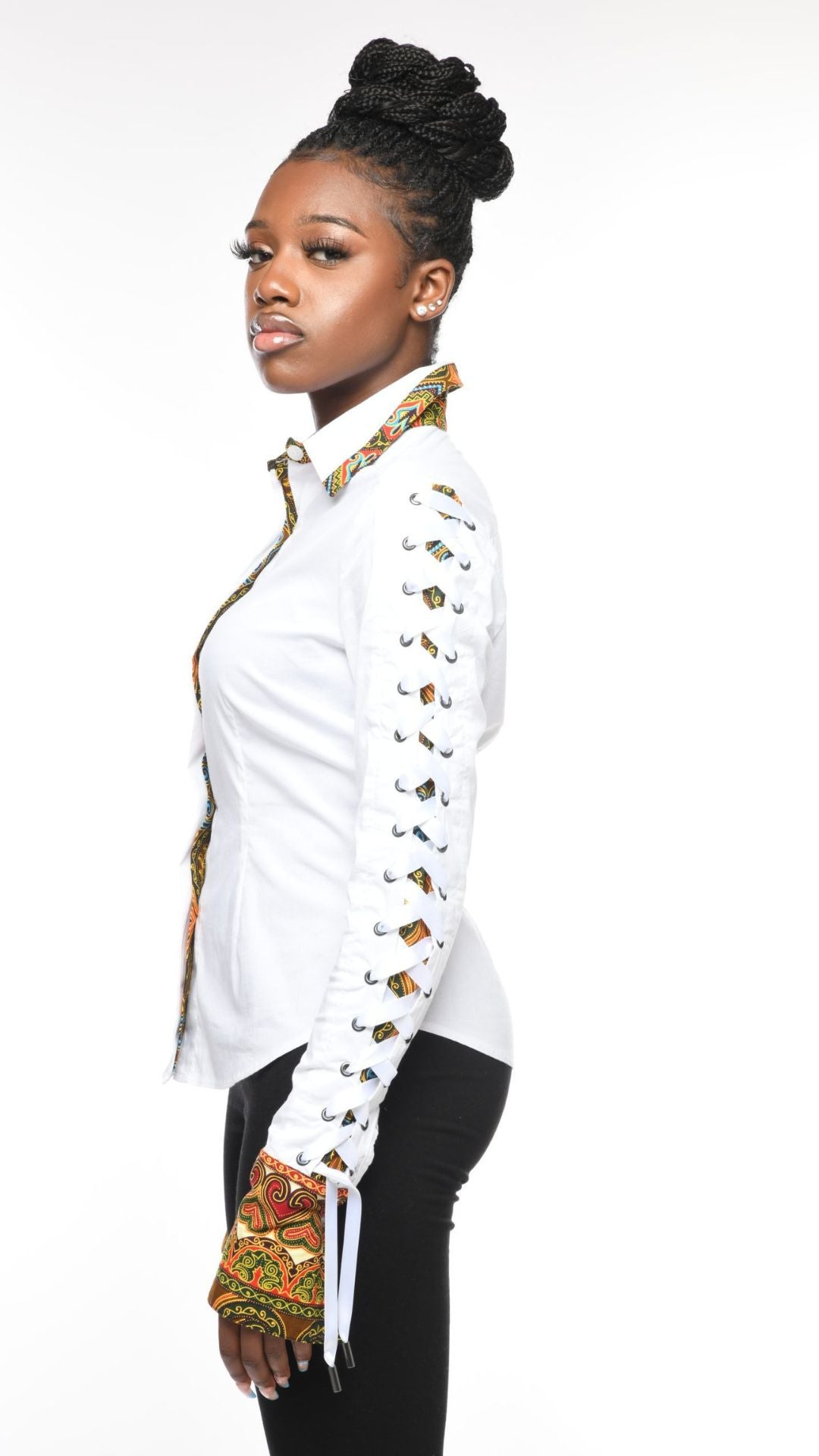 CELESTIAL Haniah White Peekaboo Shirt with Ankara Inset & Eyelet Lacing