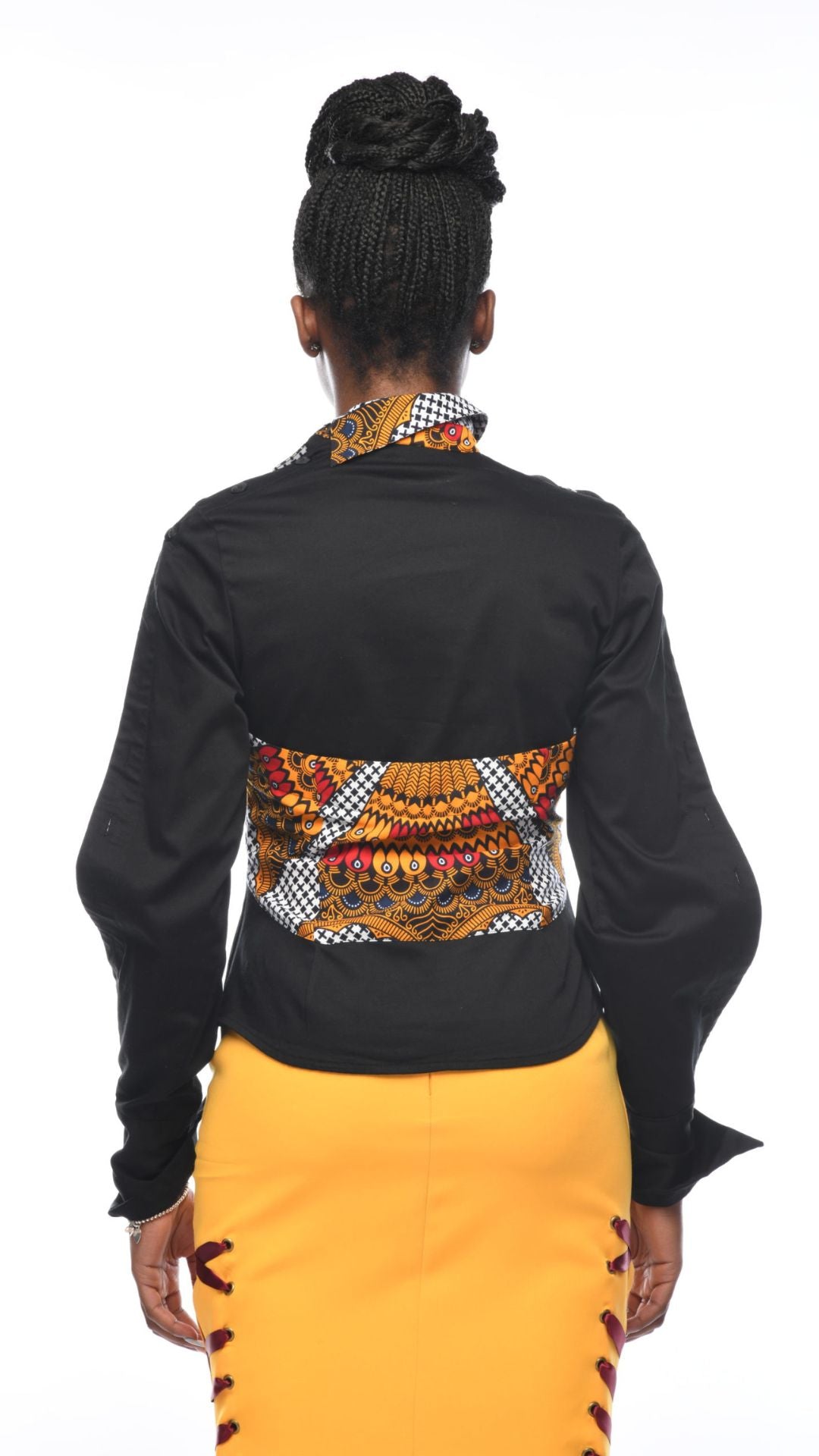 SUNRAY Alora Black & Ankara Twisted Collar Corset Shirt