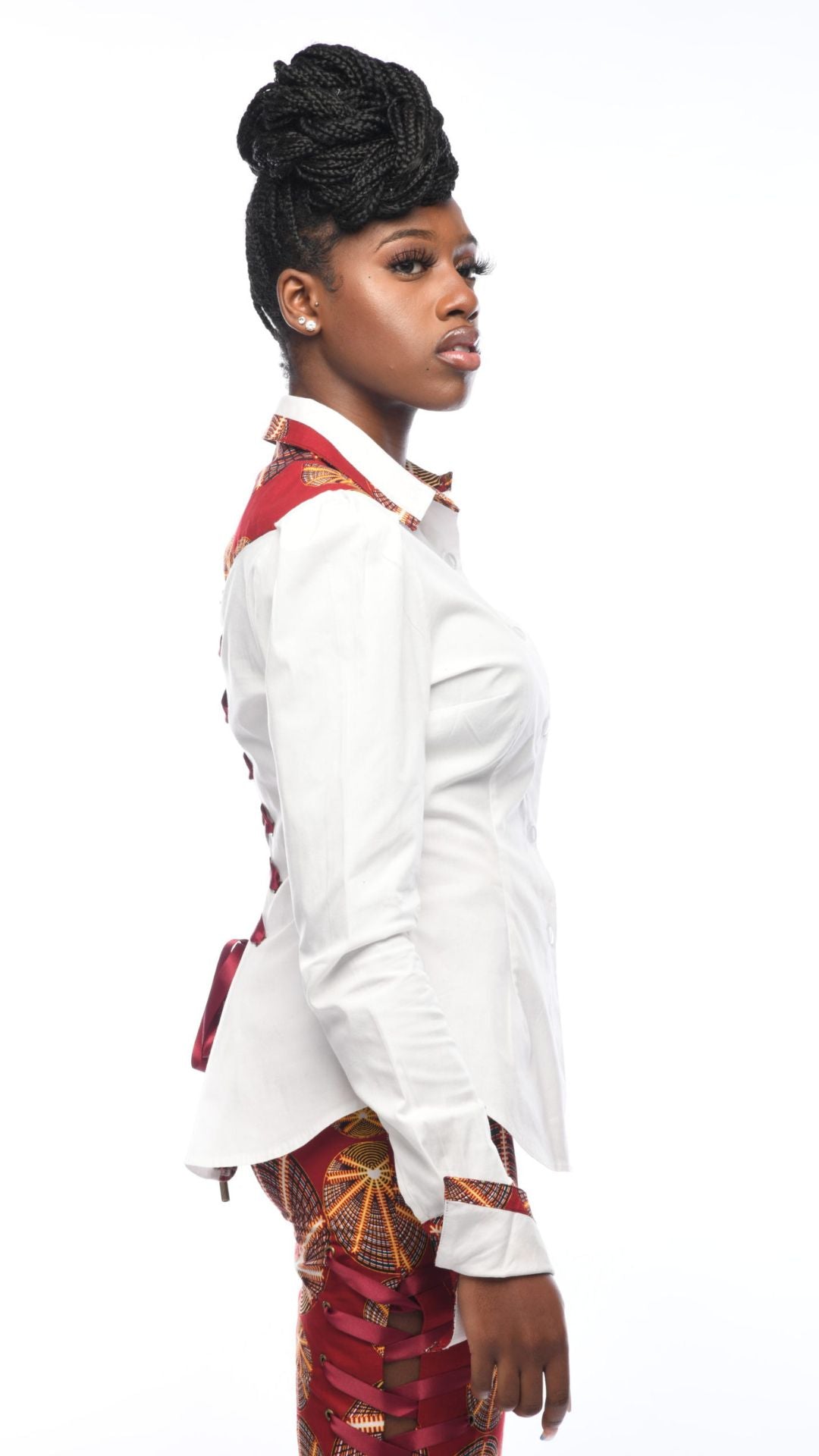 INFINITY Yihana Cream Stretch Polly Cotton Swing Back Shirt With Celestial Wine Ankara Print Inset & Eyelet Laced Back.