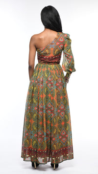 Thumbnail for SERENITY Camille One Shoulder Paisley Chiffon Maxi Dress