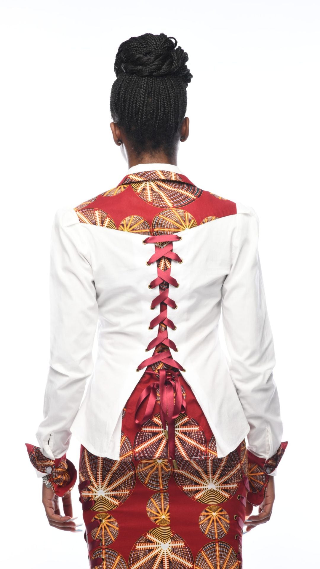 INFINITY Yihana Cream Stretch Polly Cotton Swing Back Shirt With Celestial Wine Ankara Print Inset & Eyelet Laced Back.